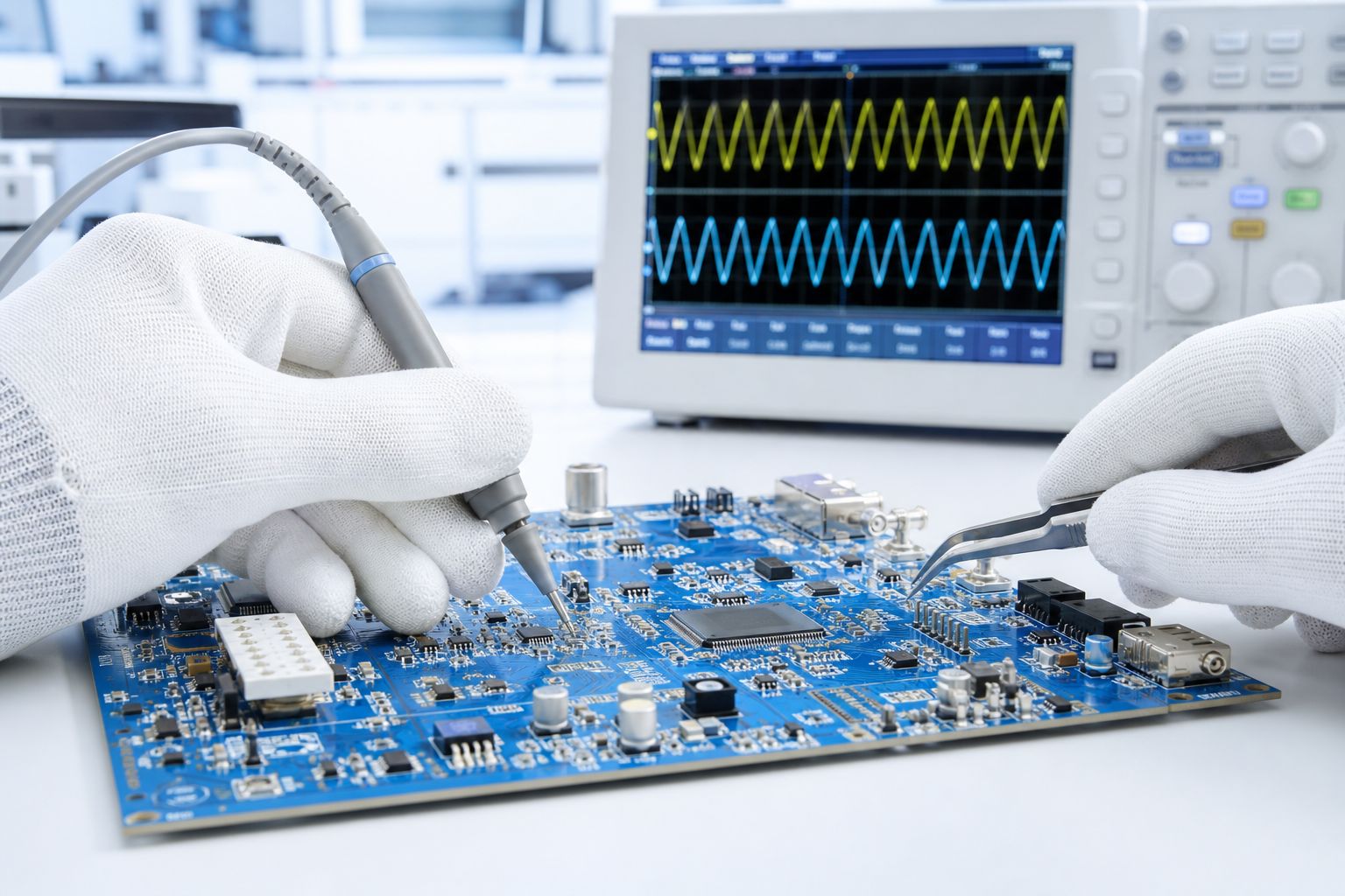 Techniker mit ESD-Handschuhen vermisst Signale auf einer blauen Platine mit Oszilloskop im Hintergrund.