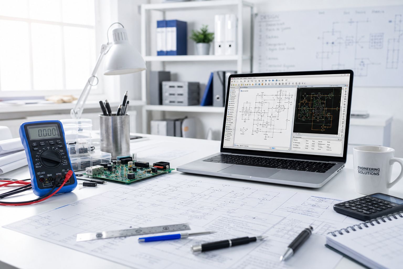 Moderner Entwicklungsarbeitsplatz mit Laptop, ausgedruckten Schaltplänen, Multimeter und Eval-Board in einem hellen Büro.